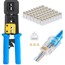 EZ RJ45 Crimp Tool Pass Through Cat5 Cat5e Cat6 Crimping Tool For RJ45/RJ12 Regular And End-Pass-Through Connectors 100pcs Set