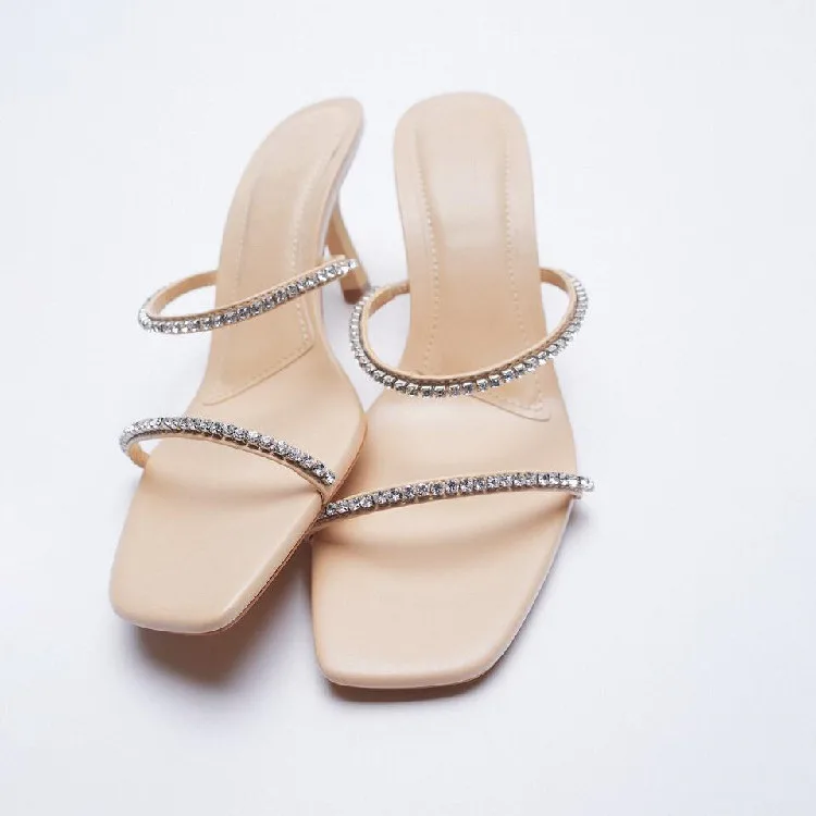 

Women's Shoes 2022 Summer High-heeled Sandals Square-headed Shiny Slippers Stiletto Nude Color Open-toe Word Belt Female Sandals