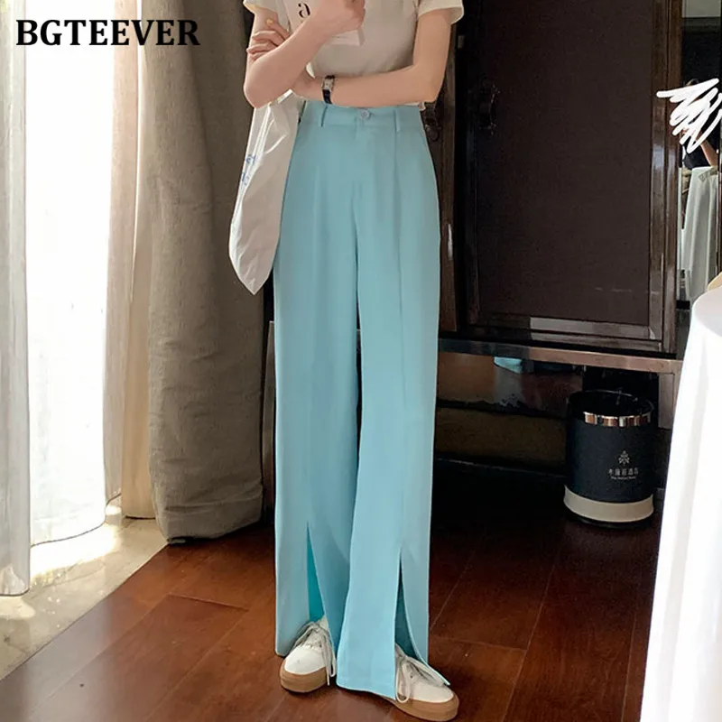 

BGTEEVER Stylish Chic High Waist Wide Leg Solid Female Trousers Spring Summer Loose Pockets Slits Women Suit Pants 2021