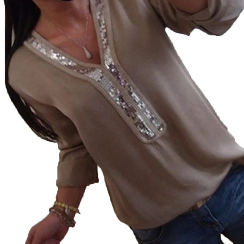 Женская шифоновая футболка с длинным рукавом V-образным вырезом и блестками |