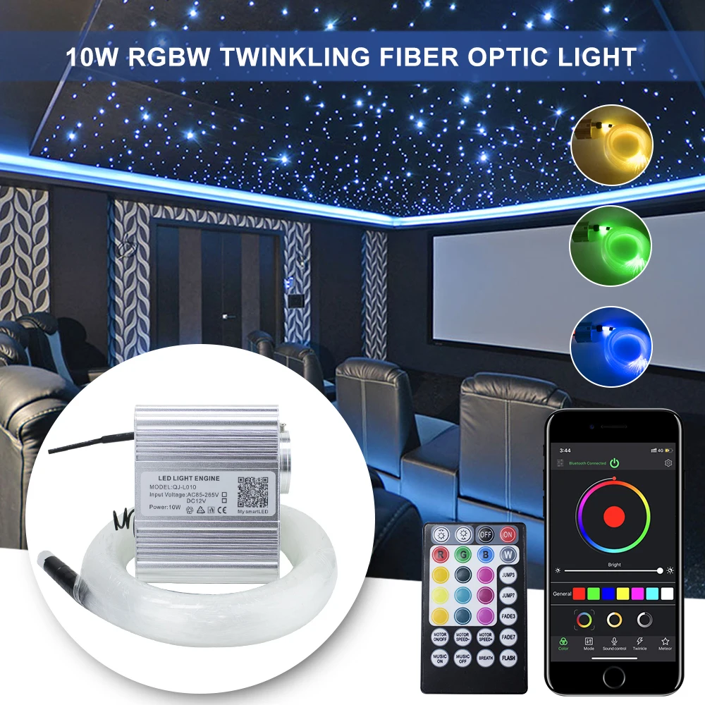 10W RGBW Twinkle LED Fibre Optic Star Ceiling Lights Kit 0.75mm*200-300pcs *2M  Bluetooth & Music Control for Star Ceiling Light