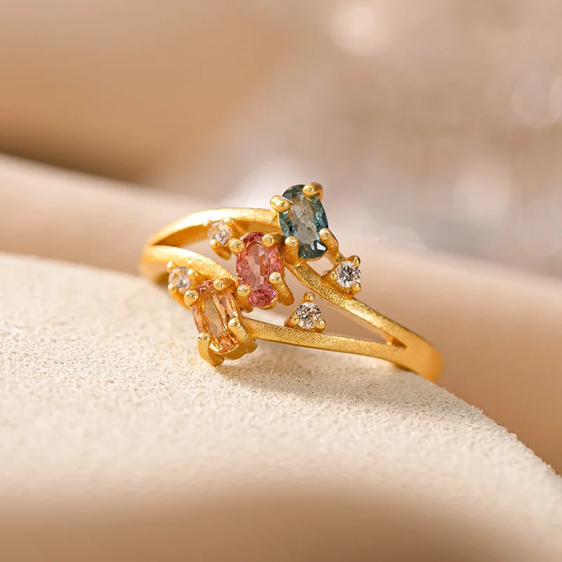 

New S925 Sterling Silver Natural Tourmaline Women Rings Retro Trend Elegant Gilded Inlaid Adjustable Opening Ring K0108