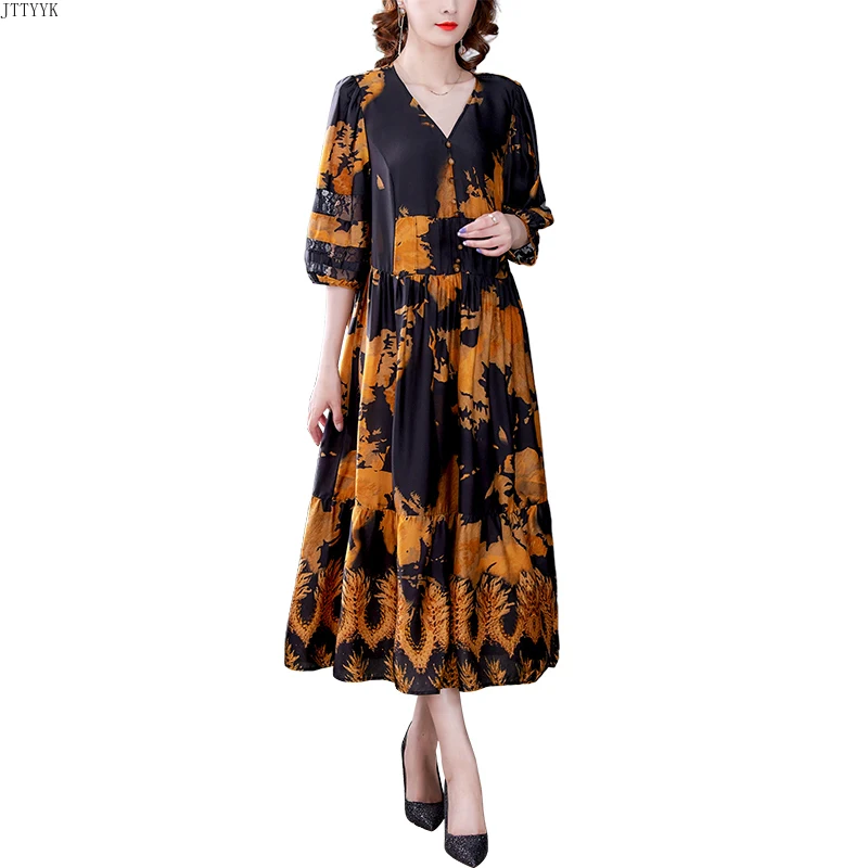

Summer Vintage Print Silk Dress Puff sleeve 2021 Loose Floral Plus Size Casual Midi Dress Elegant Party Dresses Women Vestidos