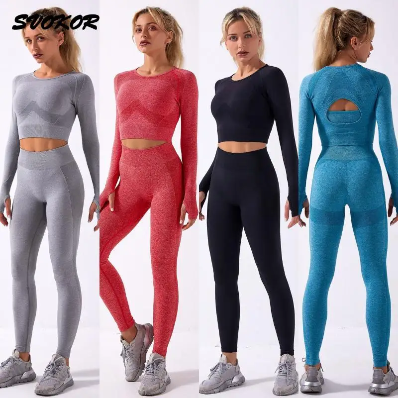 

SVOKOR 2PSC Women's tracksuit Seamless Knitting Fitness Female Clothing Hollow Back Top Mesh Breathable Quick Dry Leggings
