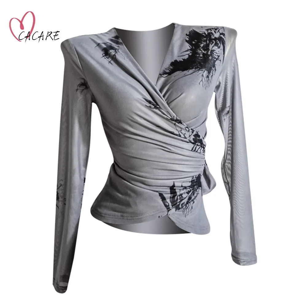 

CACARE Classical Dance Costume Latin Top Shirt for Latin Ballroom Dancing Suit Woman Clothes Fringe Salsa D1186 Gray