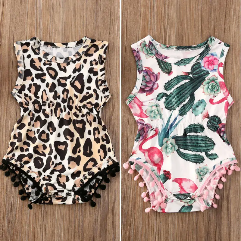 Summer Newborn Infant Baby Girl Leopard/Cactus Sleeveless Romper Tassel Jumpsuit Outfit Clothes Set | Детская одежда и обувь