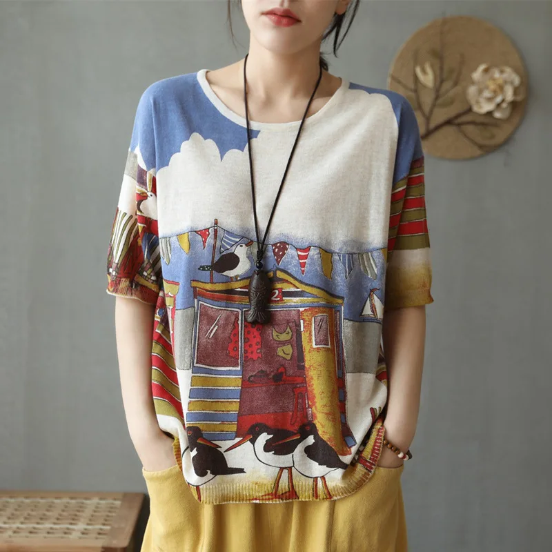 

Summer Short Sleeve Knitted Tops Women Harajuku Cartoon Print Pullover T Shirts Street Wear Blusas De Mujer Oversized Kintwear
