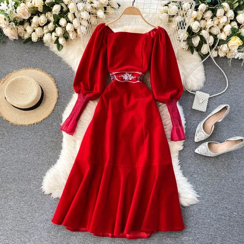 

Vintage Embroidery Thin Square Collar Long Sleeve Elegant Vestidos Lady New Fashion Palace A-line Dress Women Autumn Winter