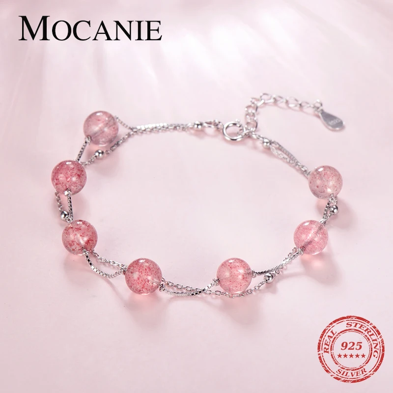 

Mocanie Authentic 925 Sterling Silver Sweet Cute Pink Strawberry Crystal Charm Bracelet for Women Adjustable Bangle Fine Jewelry