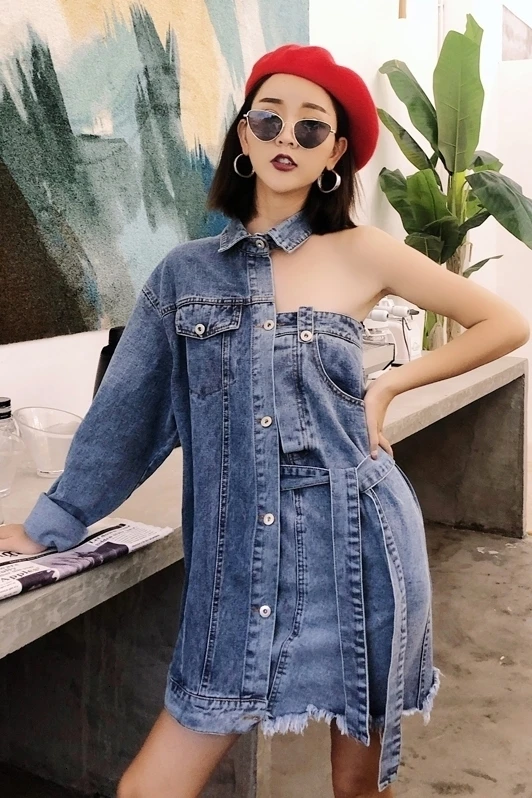 Джинсовая рубашка LANMREM с длинными рукавами имитацией двух бумажных разрезов