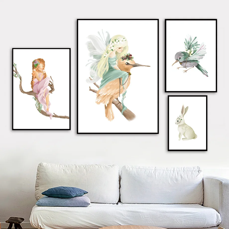 Beauty Girl Flower Wing Bird Tree Rabbit Deer Wall Art Canvas Painting Nordic Posters And Prints Pictures Kids Room Decor | Дом и сад