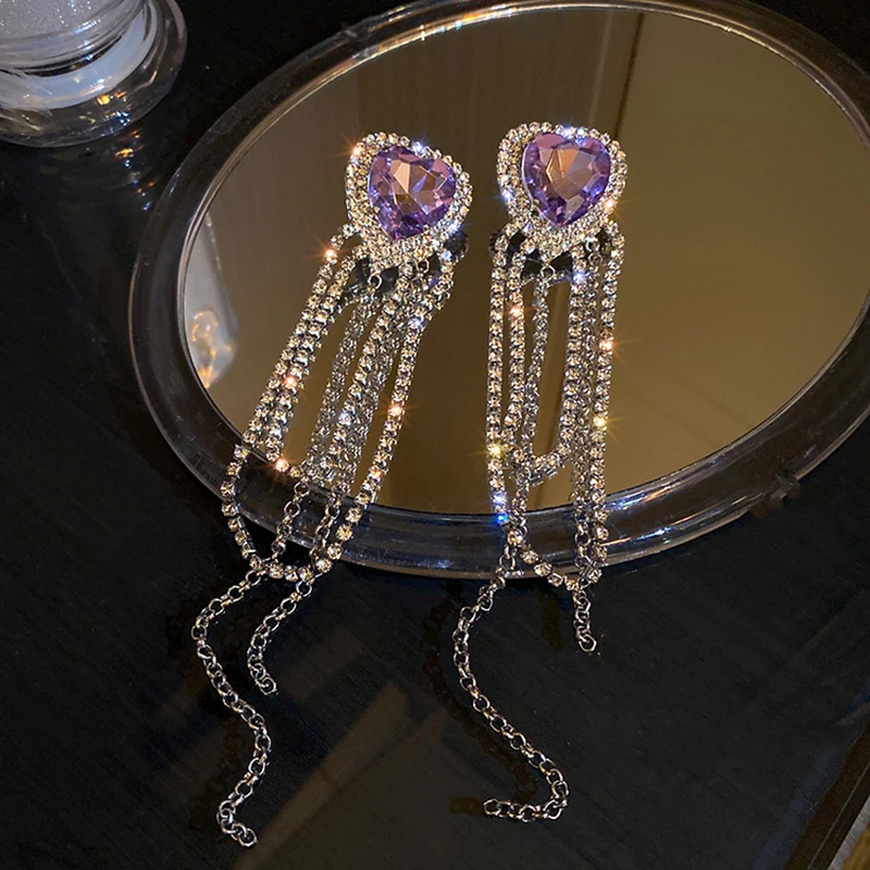 

Vintage Elegant Peach Heart Crystal Tassel Drop Earrings for Women Girl AAA Zircon S925 Silver Needle Exaggerated Jewelry Party