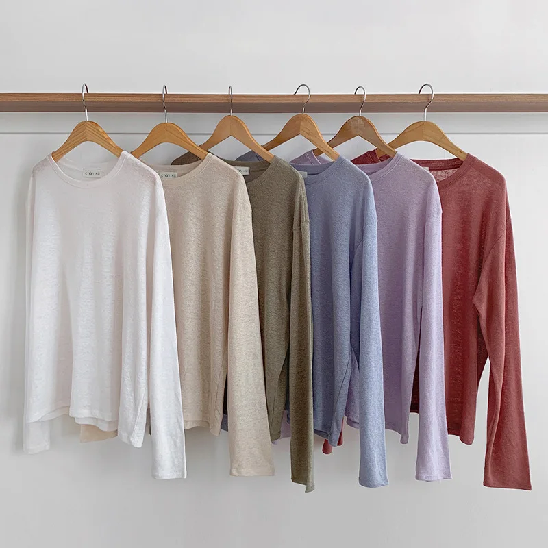 

Johnature 2021 Spring New Korean Simple Loose T-Shirts All Match Solid Color O-neck Render Women Tops