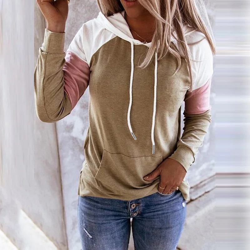 

Весенний женский пуловер, новинка, женская уличная рубашка в стиле пэчворк с длинным рукавом и капюшоном, Повседневная модная женская уличн...