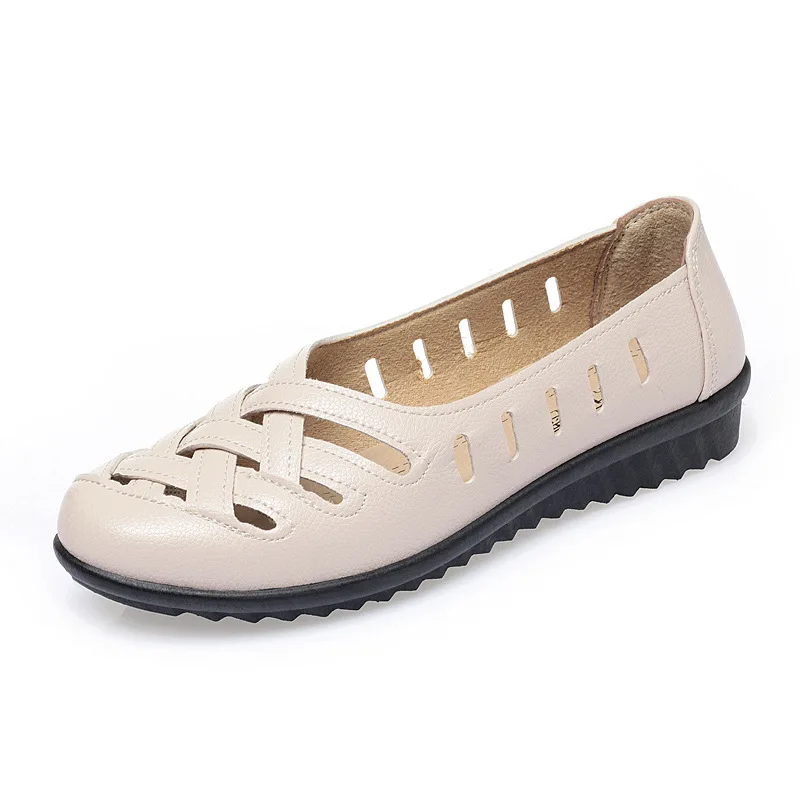

Black leather shoes for women summer slides breathable cutouts cross tied ladies fashion classic shoes