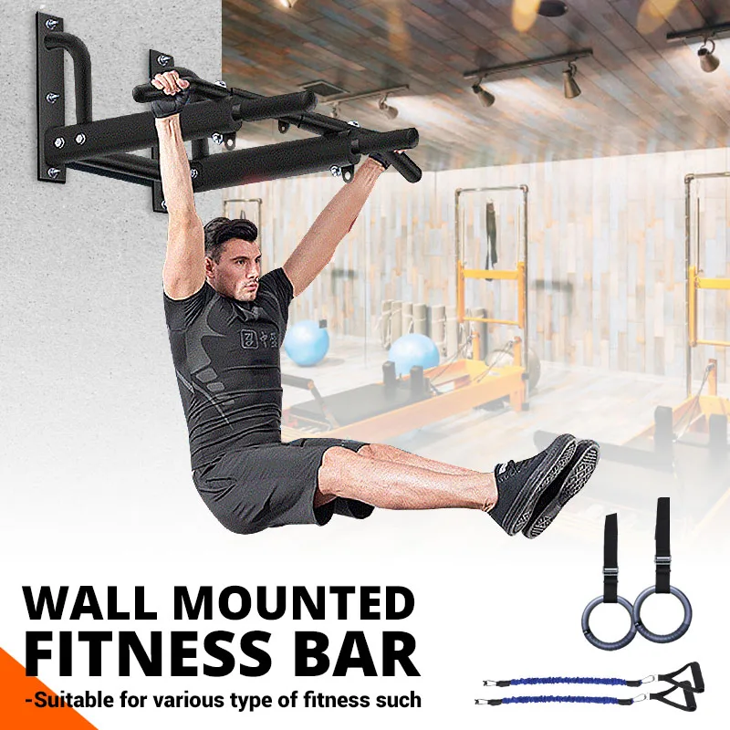 

Wall Mounted Horizontal Bars Multi function Set with Resistance Band/Hand Ring Home Gym Pull Up Training Fitness Tools Bars