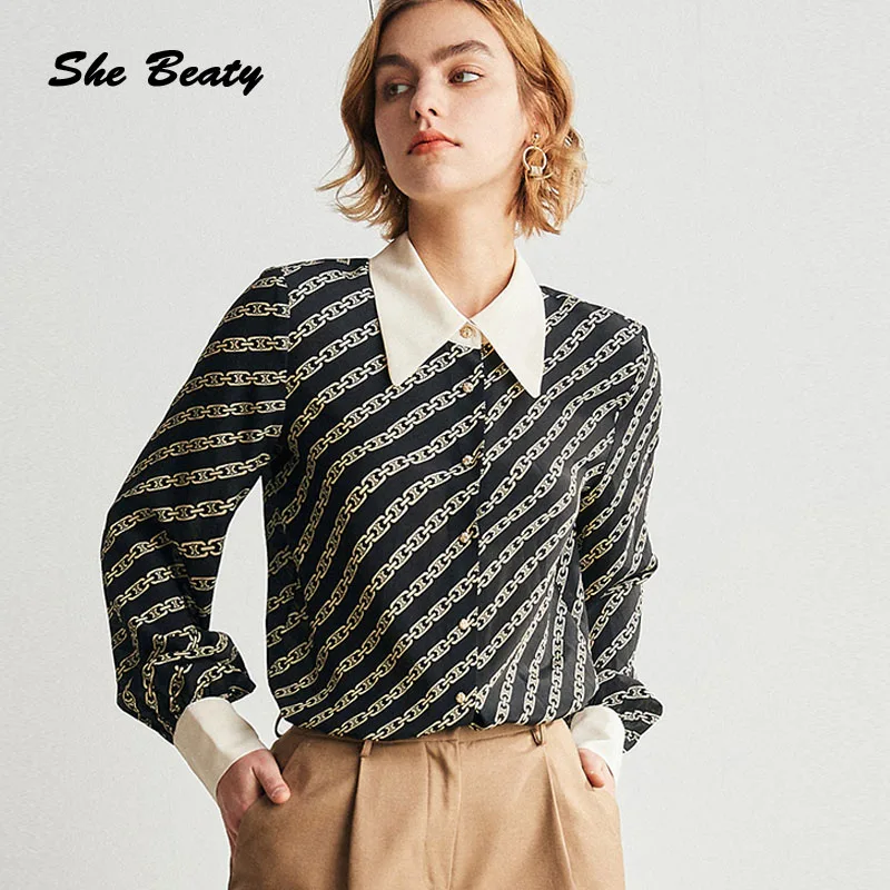 

She Beaty Vintage Link Printed Blouse Women 2021 Summer Clothes Turn-Down Collar High Street Designer Fashion Ladies Shirts Tops