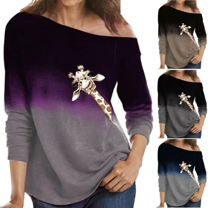 

Womens One Shoulder Pullover Shirt Printed Casual Gradient Plus Size Loose Tops