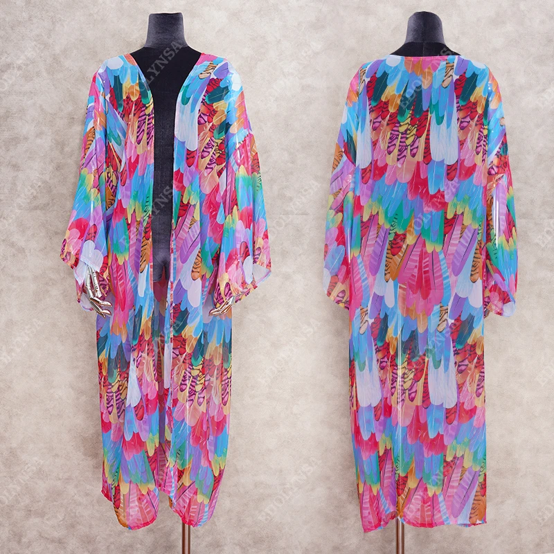 Пляжная накидка туники для пляжа шифоновый длинный кафтан с принтом на бикини
