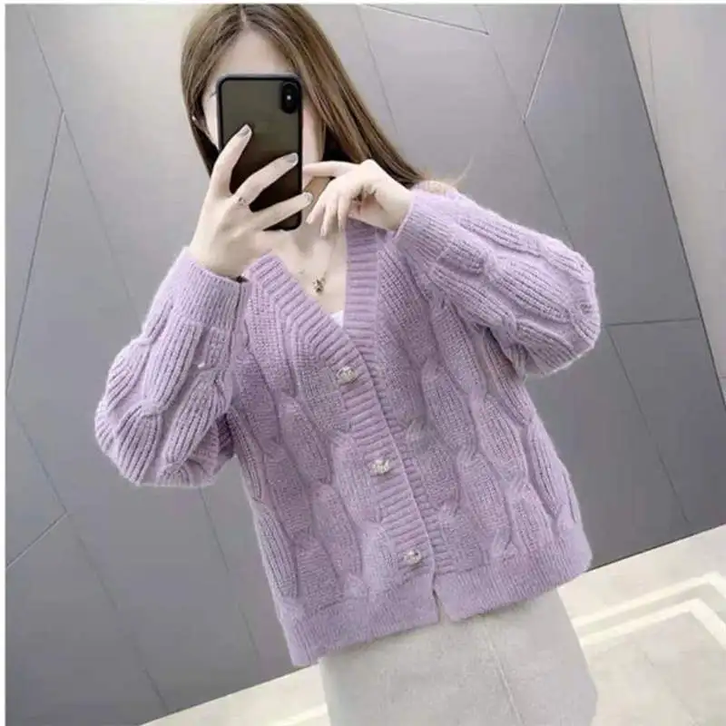 

Autumn Winter Solid Color Simplicity Long Sleeve V-Neck Sweater Lazy Style Cardigan Loose Women Outerwear TT0515