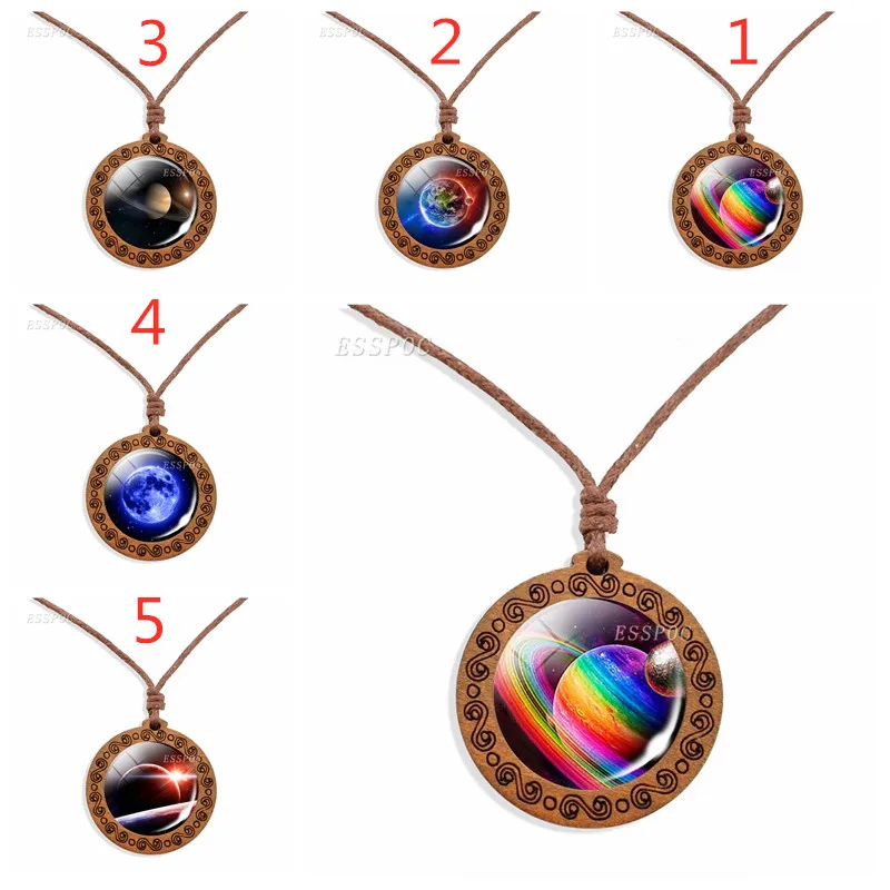 Деревянное ожерелье луна галактика планеты стеклянный кабошон кулон веревка