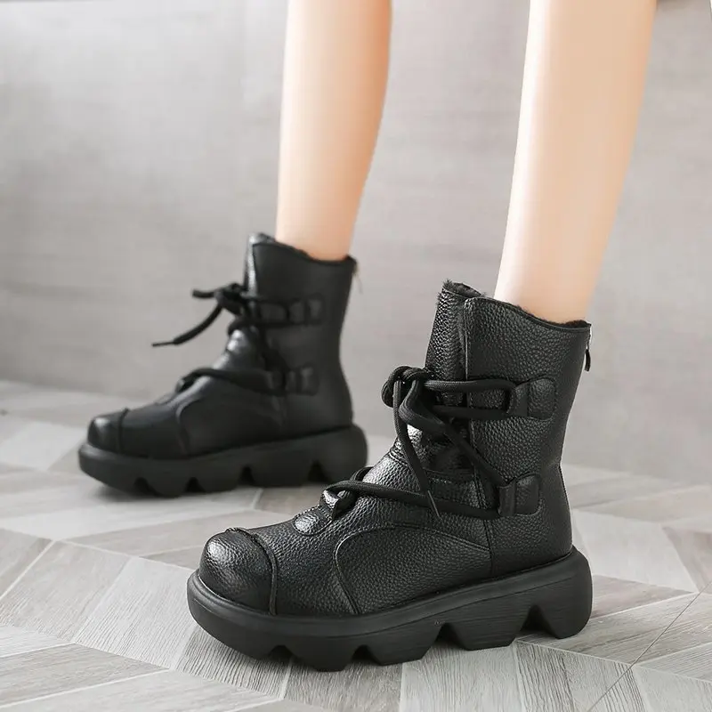

2020 New Winter Women Ankle Boots Heels High Top Wedge Boots Warm Platform Leather Sneakers Lace Up Boots for Woman