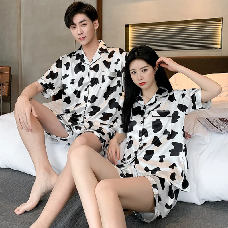 

Plus Size Ice Silk Summer Couple Pajamas Sets Short-Sleeved Loose Lovers Sleepwear Casual Pyjamas Soft Men & Women Homewear Suit