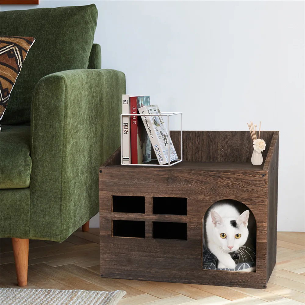“Durable Wooden Cat Cave Bed with Cushion Pad 5