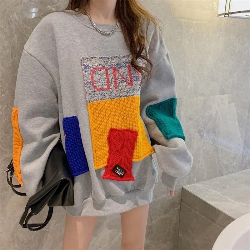 

2021 autumn new streetwear Harajuku shirt patchwork round collar hoodie Korean style loose personality hoodie retro pullover