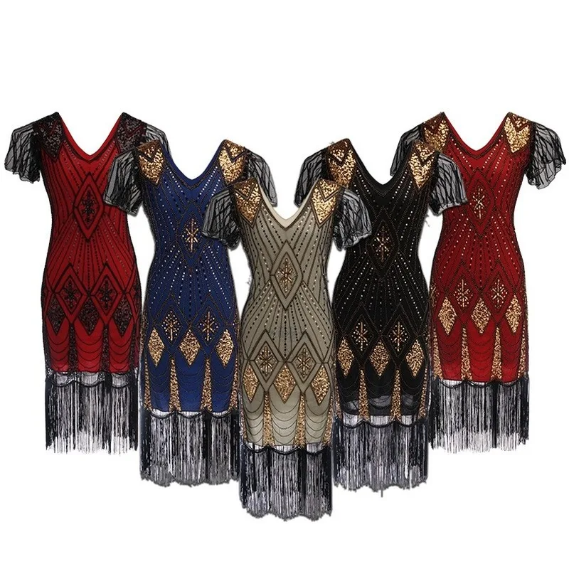 Embellished Beaded Sequin Dress Robe Vestidos Women 1920s Flapper Dress Vintage V Neck Butterfly Sleeve Long Great Gatsby Dress