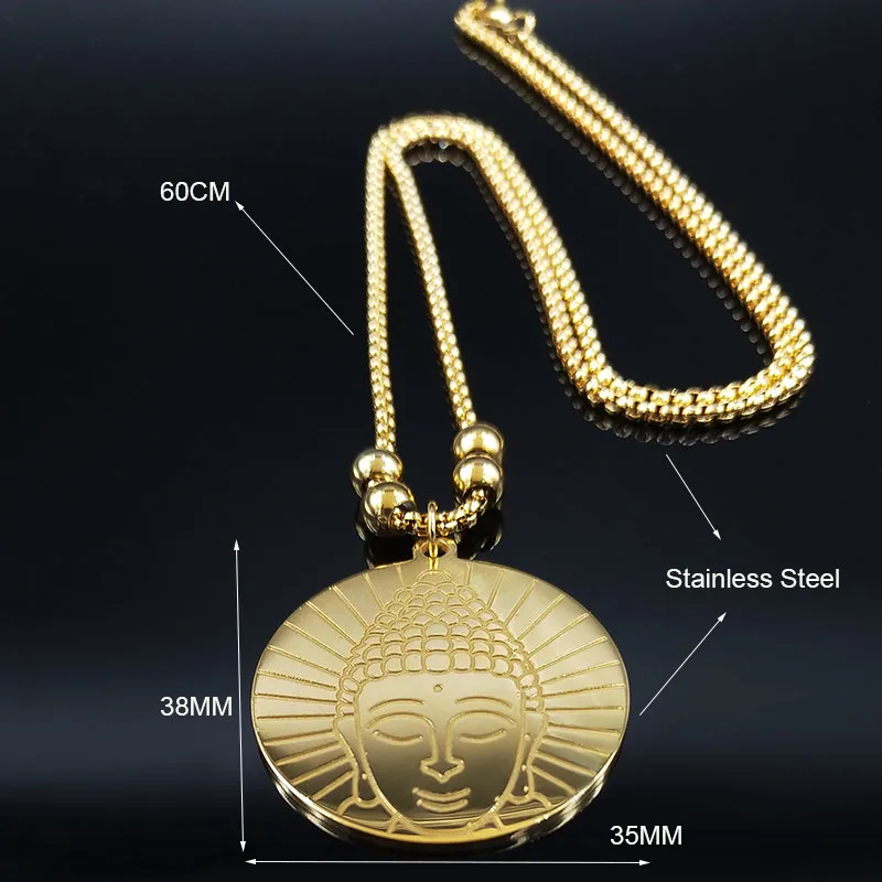 

Yoga Buddhist Buddha Head Stainless Steel Statement Necklace Women Gold Color Bead Long Necklaces Jewerly colgante mujer N19629