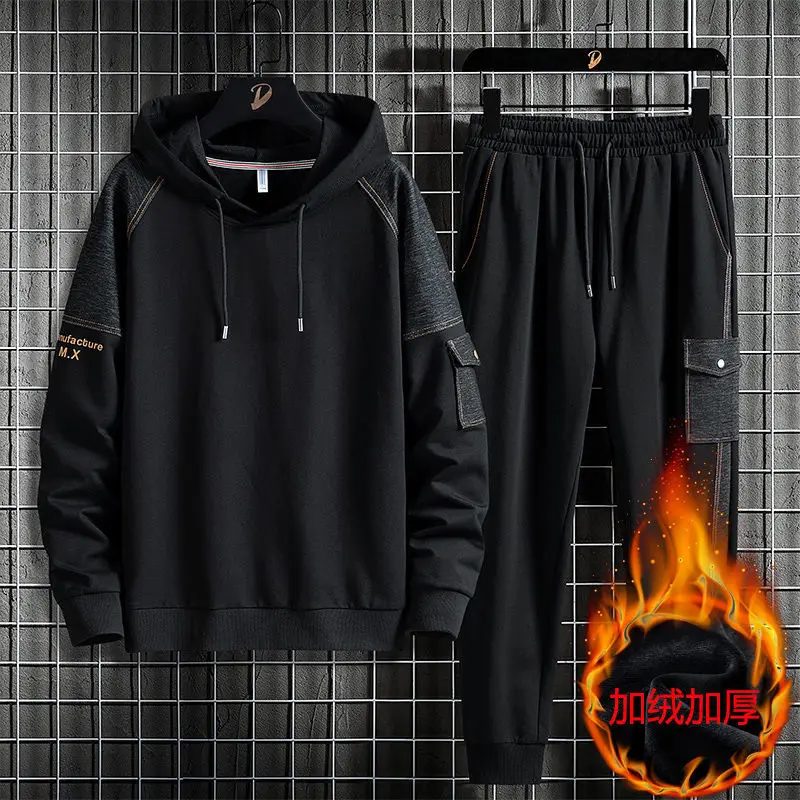 

Large Hooded Sweater Set Autumn Plush Thickened Pullover Sportswear Embroidered Youth Two Piece Set