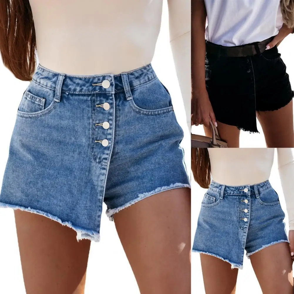 

Women Sexy Ripped Repaired Denim Shorts High Waist Buttons Bodycon Distressed Hole Bottoms Leg-Openings Plus Size Short Jeans