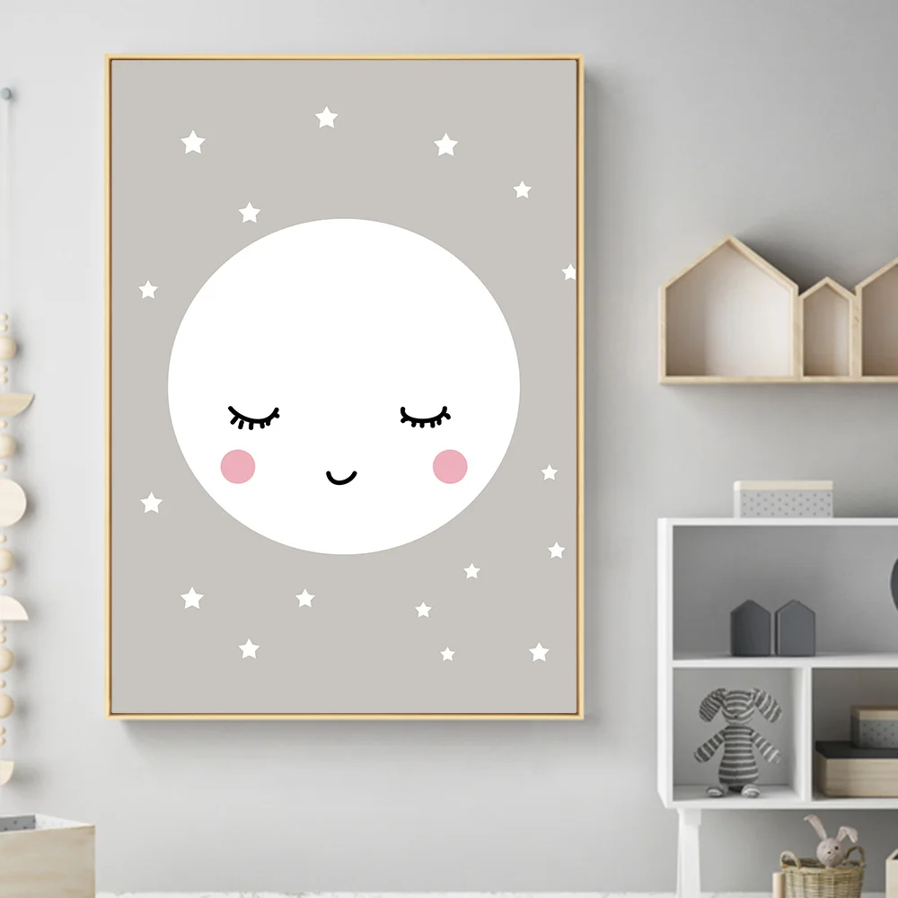 Розовое Сердце Луна Звезда настенное Искусство Холст плакат Kawaii Мультфильм