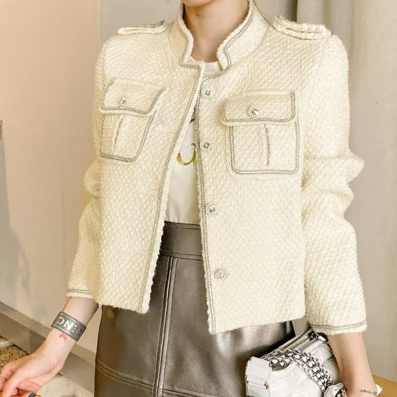 

Элегантное изящное плетение ZAWFL, роскошная твидовая блестящая Бриллиантовая вставка, модель 2021 года, красивое деловое короткое пальто для о...