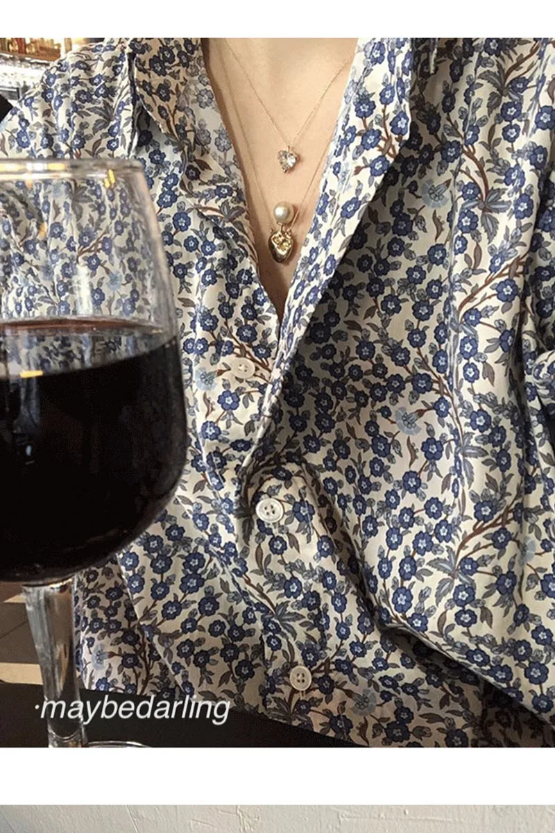 

2020 Fall Winter Women Shirt French Blue Small Floral Loose Western Long Sleeve Lapel Shirt