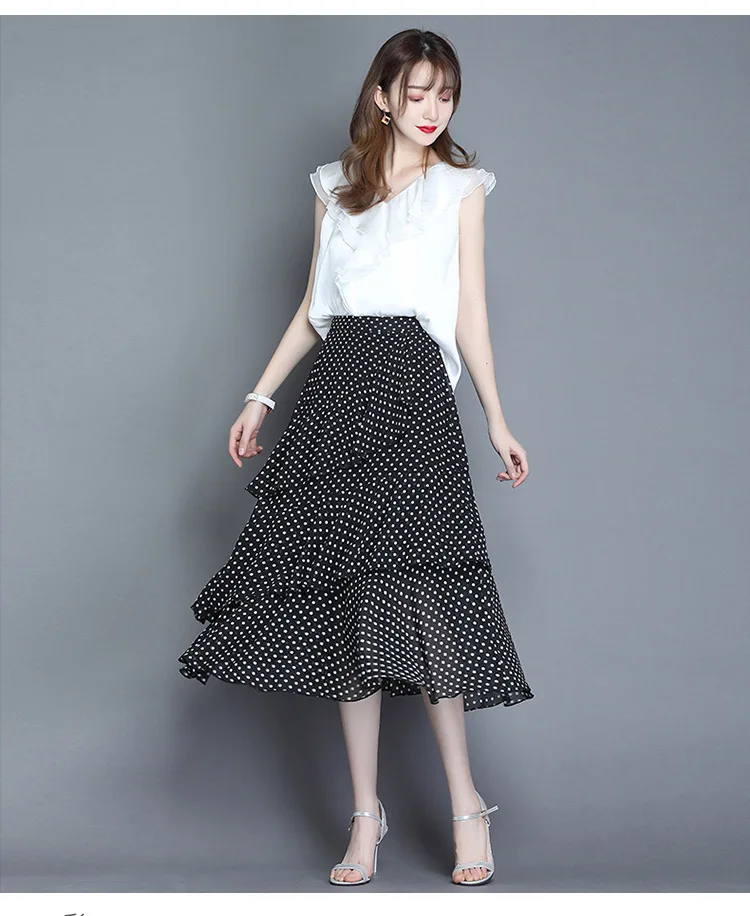 

Chiffon Print Skirt Summer Women Fashion High Waist Splice Ruffles Slim Casual Plus Size Mid-long A-line Skirts Elegant 4XL 9075