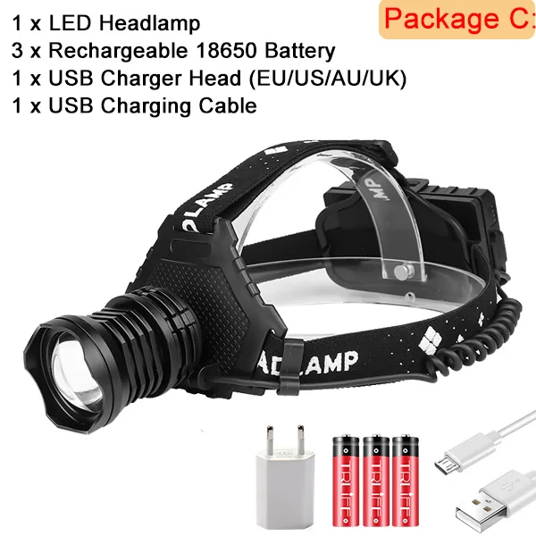 Package C Реальный 6200LM XHP70 светодиодный налобный фонарь USB Перезаряжаемый XHP50 очень яркий фонарь Lanterna Водонепроницаемый внешний аккумулятор использовать 3x18650 - Испускаемый цвет: Package C