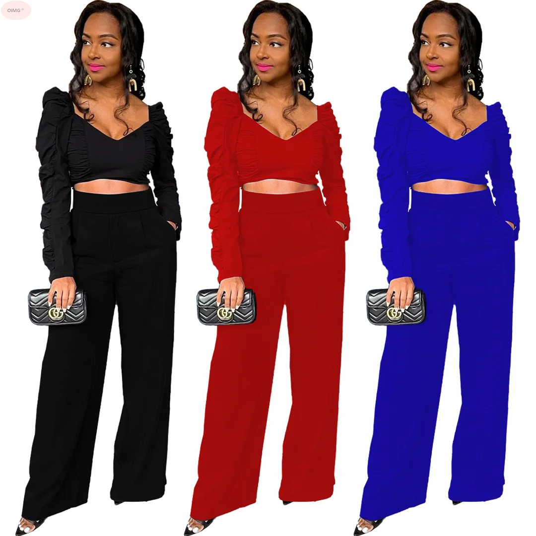 

H9199 Europe and the United States Women's Fashion Casual Sexy Solid Color Pocket Drape Waist Loose Two-piece Set