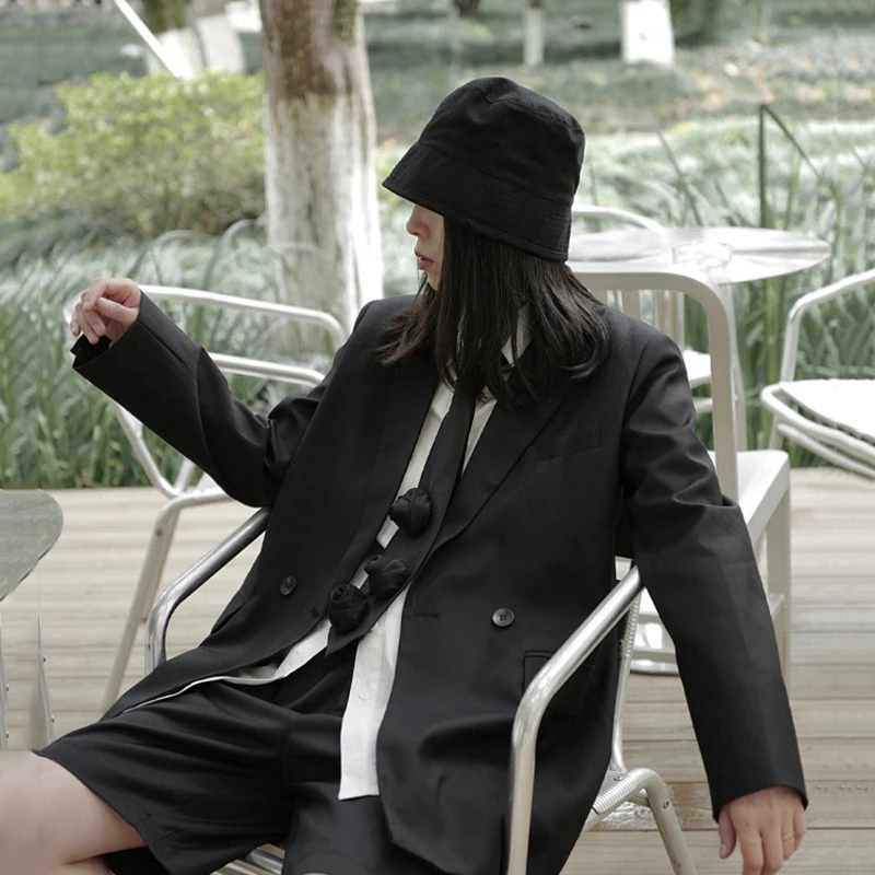 

[EAM] Wide Leg Knee Length Pants Two Piece Suit New Lapel Long Sleeve Black Loose Fit Women Fashion Spring Autumn 2021 1X657