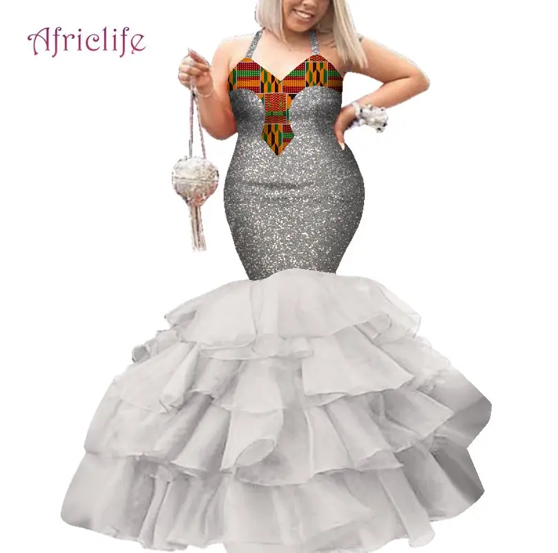 African Wedding Dress for Women Bride Halter Sleeveless Dress Zipper Ruffles Tiered Mermaid Plus Size Marriage Clothes WY4645