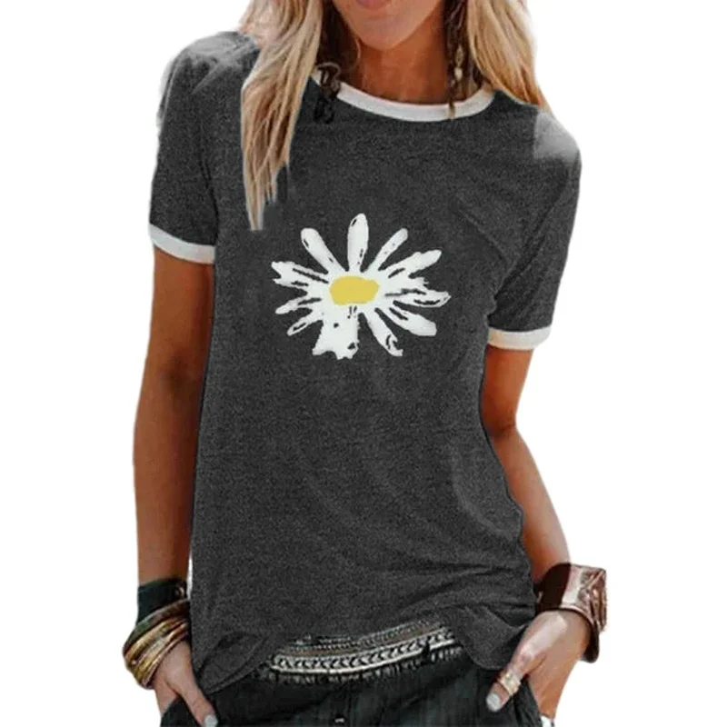 

Summer Women T Shirt Little Daisy Female Fashion Collar And Cuff Stitching Short Sleeves Ladies Regular Graphic O-Neck Tees Tops