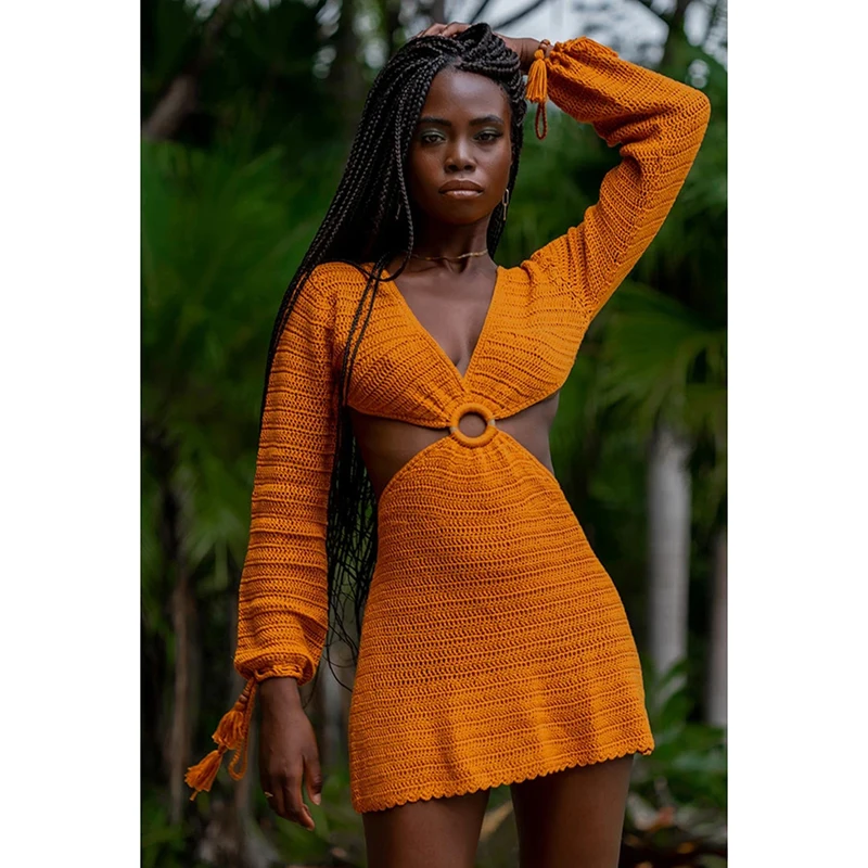 

Knitted Stripe Hollow Out Beach Dress Women Deep V Neck Backless Mini Dresses Women 21 Summer Sexy Beachwear White Female LD1917