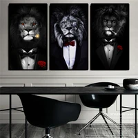 black wild lion in a suit canvas art posters and prints abstract lion smoking a cigar canvas paintings on the wall art pictures