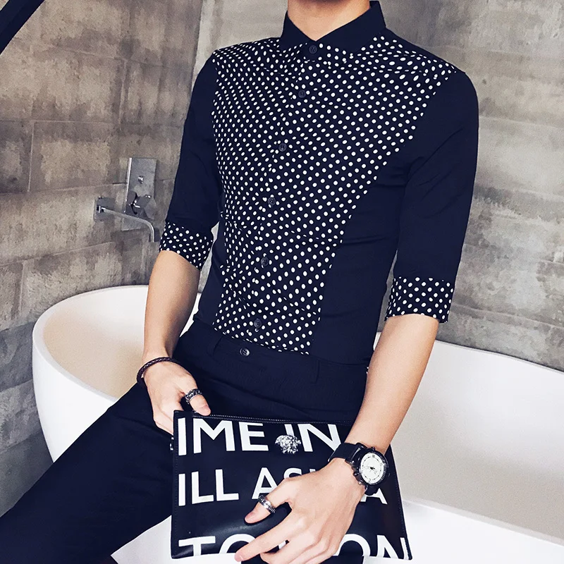 

Loldeal 3/4 Sleeve Shirt Men Slim Print Single Breasted Hotel Style Work