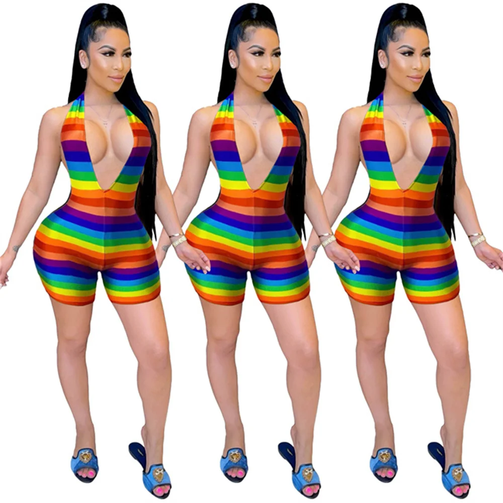 

RStylish 2021 Summer Sexy Rainbow Stripe Print Women Deep V Halter Sleeveless Bodycon Nightclub Party One Piece Romper