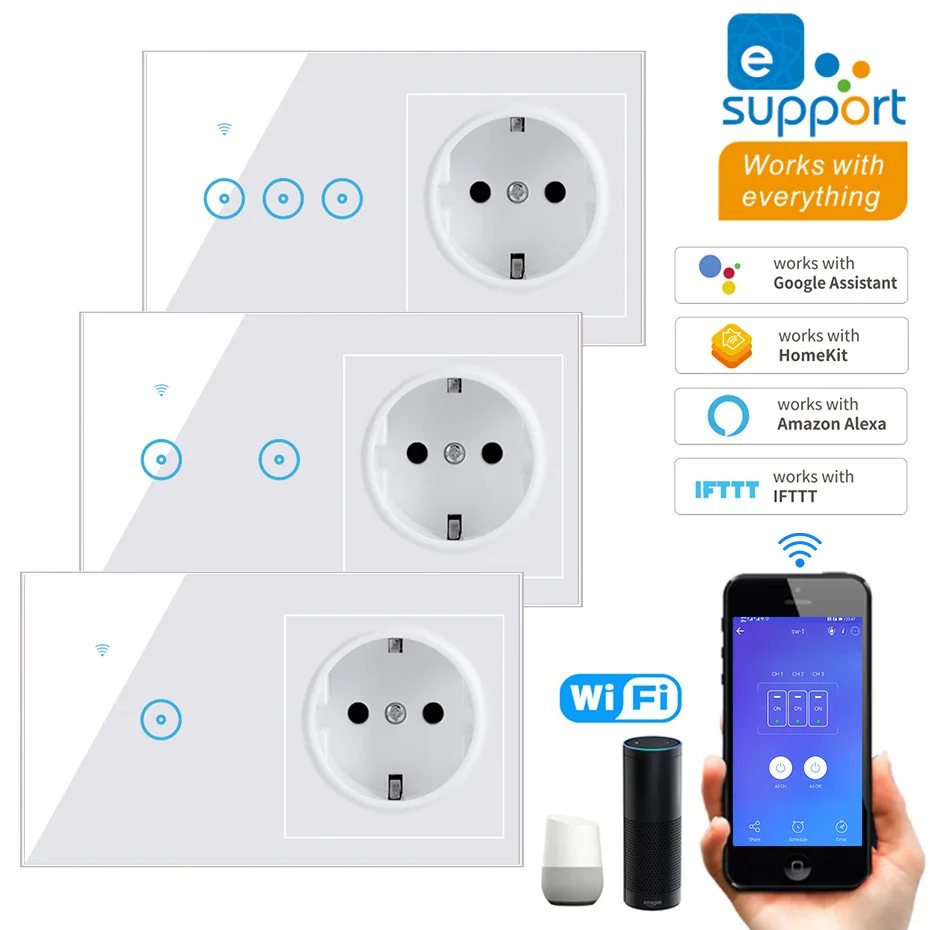 

EU Standard Smart Light Switch Panel Wall 1/2/3 Gang wifi Light Switch 90V-240V AC WiFi EU Socket Work with Alexa Google Home