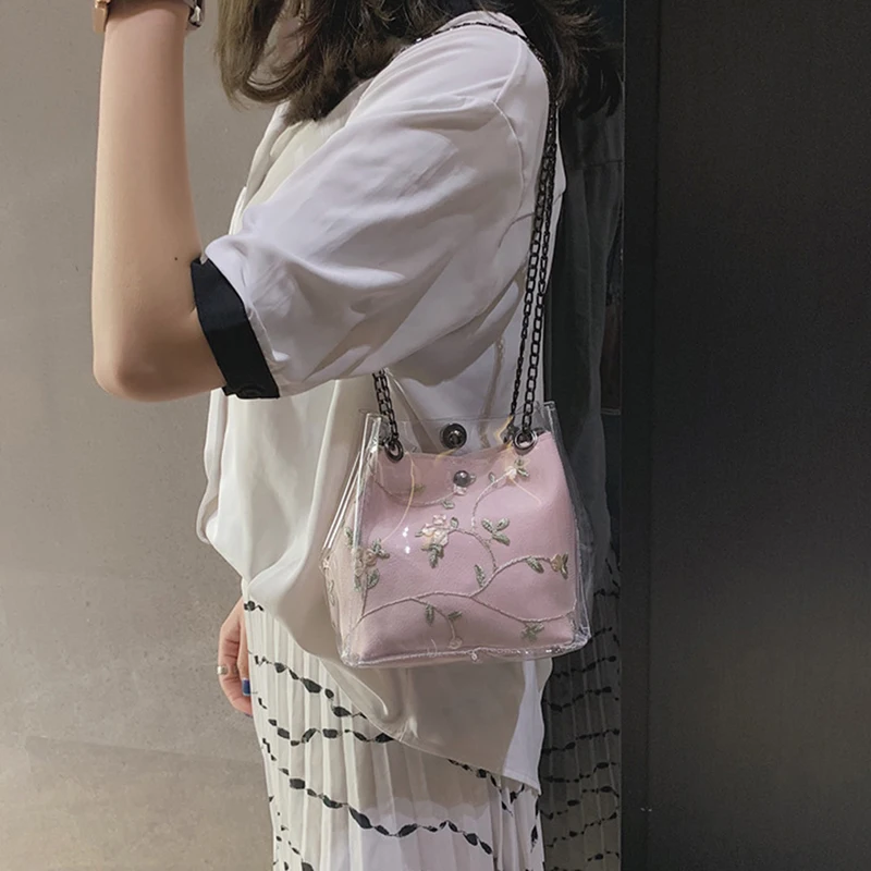 

Embroidered Bucket Women Transparent Bucket Bag Clear Shoulder Bag Female Chain Crossbody Messenger Bags 2021 Luxury Handbag