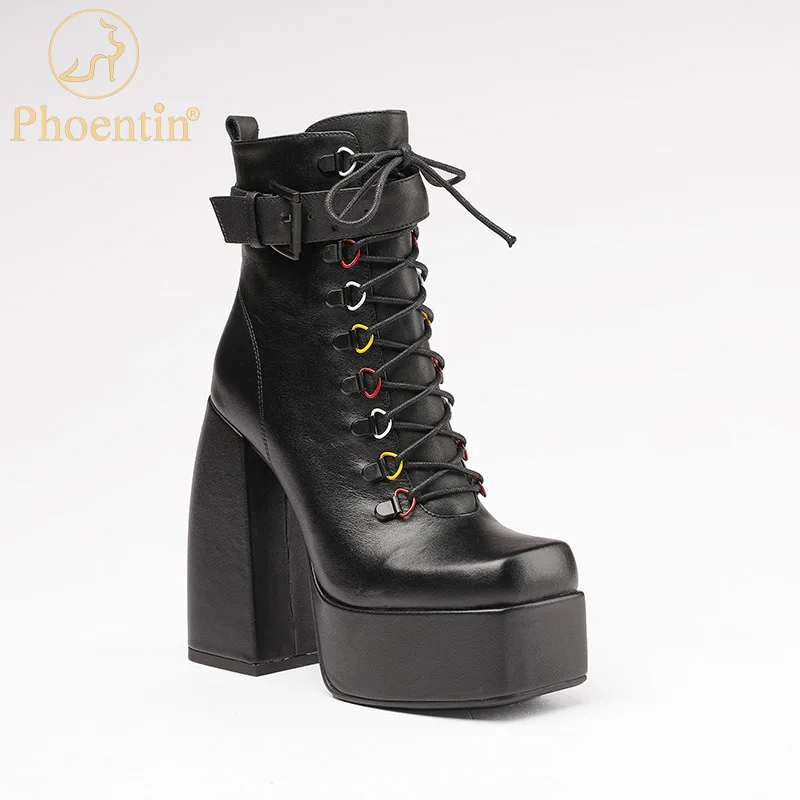 

Phoentin women's chunky heel retro Genunine leather zipper short boot Black Platform fashion super high-heels ankle boots FT1662
