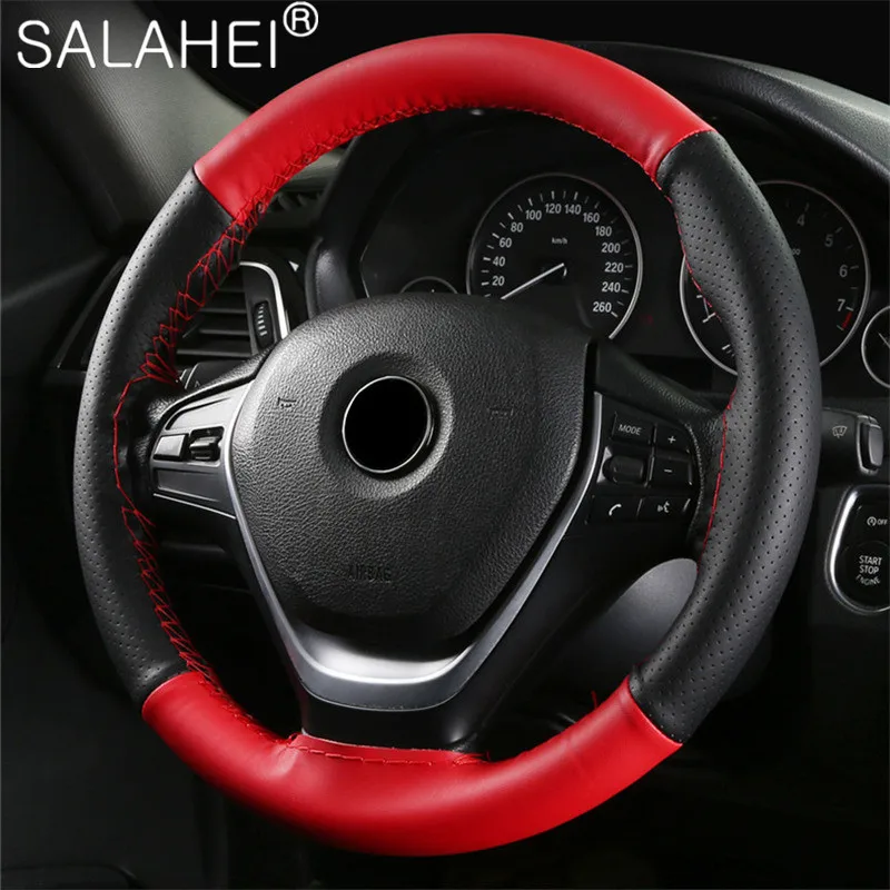 

Microfiber Leather Color Matching Sports Anti-slip Hand-sewn Steering Wheel Cover Four Seasons General Car Cover Case Protector